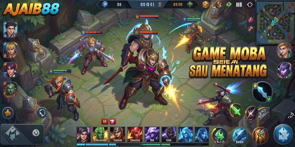 Screenshot gameplay AJAIB88 yang menunjukkan pertarungan seru di arena MOBA.