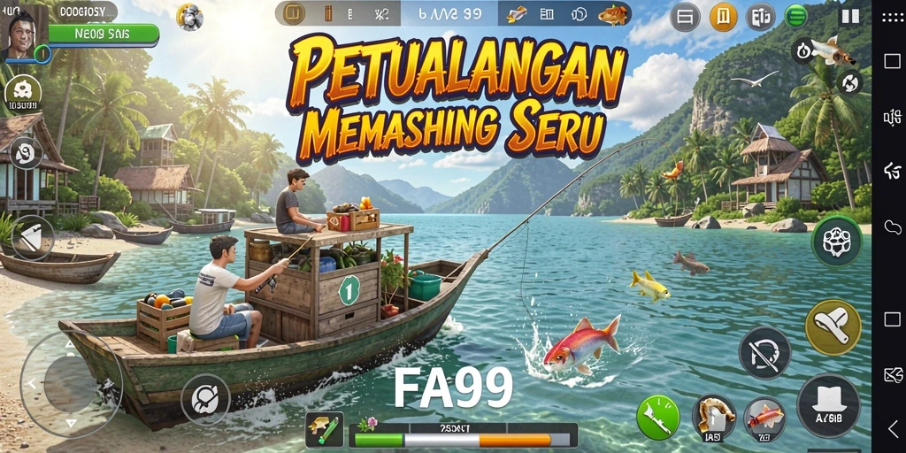 Screenshot menunjukkan pemain menangkap ikan di danau yang indah.