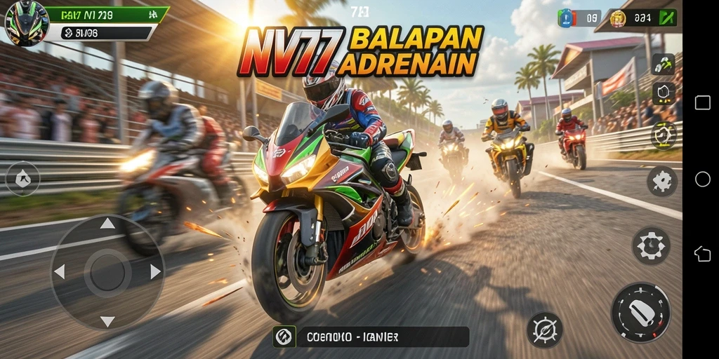 Tampilan gameplay yang mendebarkan di NV77, siap untuk balapan motor.