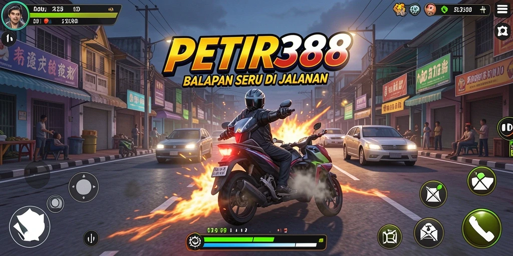 Tampilan gameplay PETIR388 dengan mobil balap yang melaju kencang.