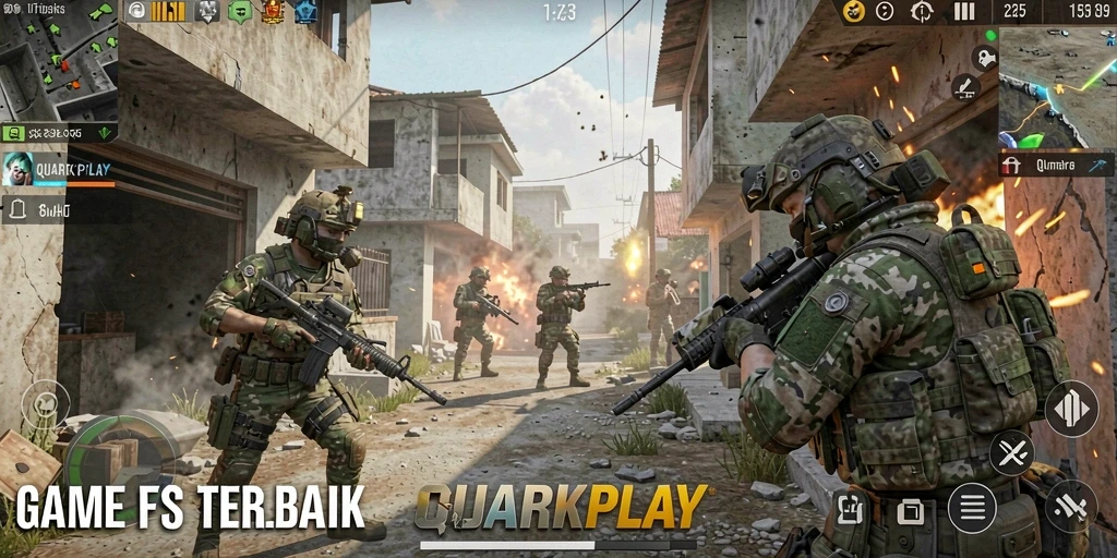 Tampilan gameplay QUARKPLAY yang seru dalam pertempuran FPS.
