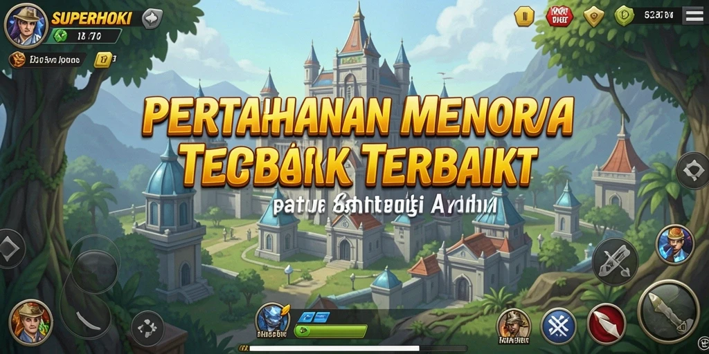 Tampilan gameplay SUPERHOKI dengan pertahanan menara yang megah.